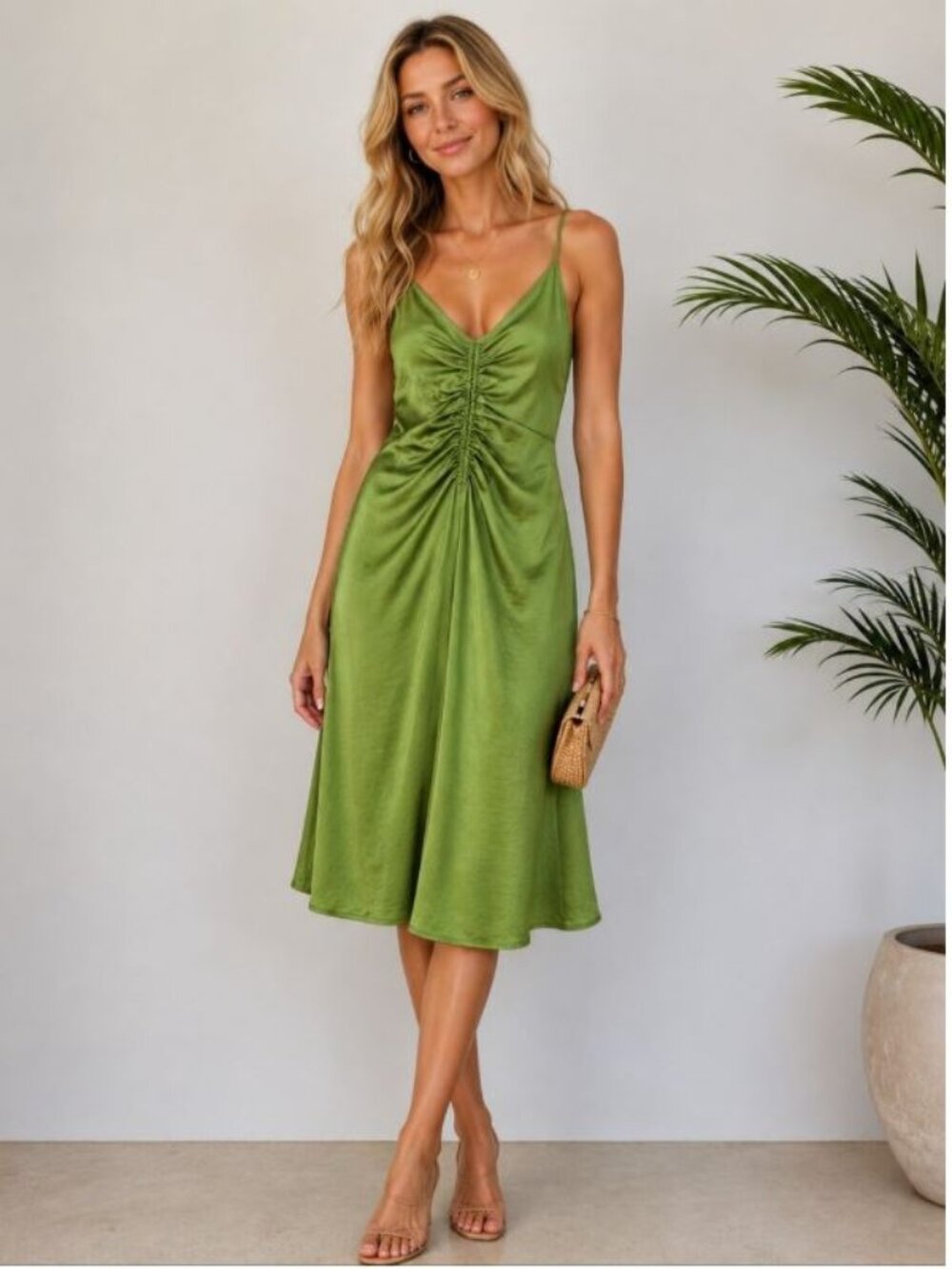 NWT House of Harlow 1960 Revolve Green Ruched Midi Sundress Womens Size Small